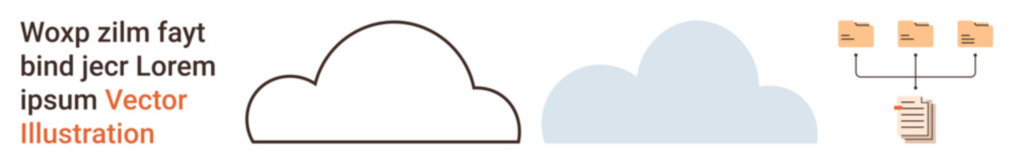 Cloud storage, data sharing, network collaboration, file management, digital connectivity, online backup. Cloud icons with a linked file structure. Cloud storage and data sharing concept