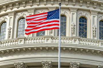 Fototapeta premium American flag Capitol close up Washington DC. American flag republic governance politics. American flag Congress Senate elections. American flag historic symbol.
