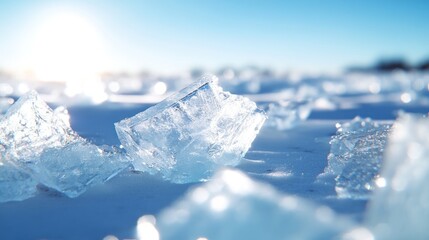 Obraz premium Frozen natural ice chunks on a sunlit snowy surface