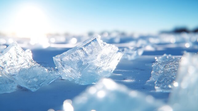 Frozen natural ice chunks on a sunlit snowy surface