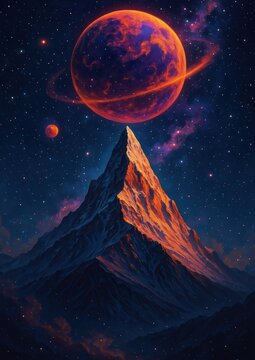 Surreal cosmic mountain landscape wallpaper.