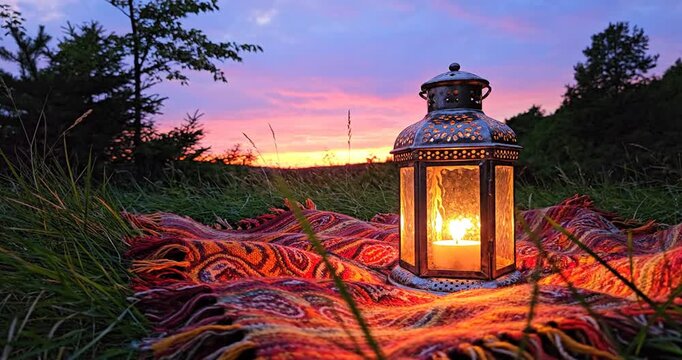 A beautifully lit lantern on a vibrant patterned blanket at sunset in a serene outdoor setting
