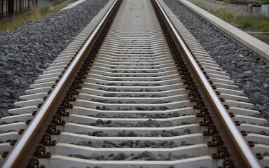 Fototapeta premium A low angle perspective view of parallel railway tracks stretching into the distant horizon line