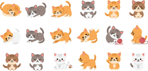 Cute cartoon kitten characters collection with playful poses sleeping sitting walking grooming cats flat style adorable pet vector illustration set © MD SOJIB 