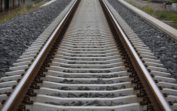 A low angle perspective view of parallel railway tracks stretching into the distant horizon line