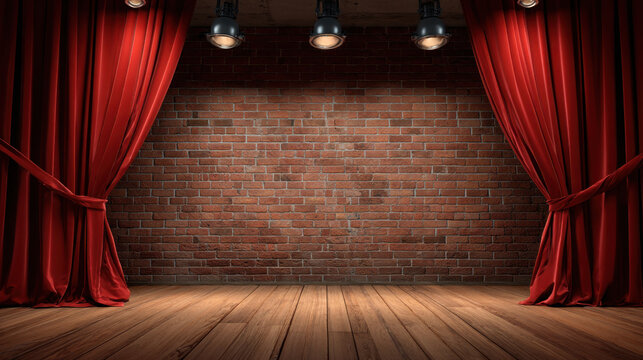 Red curtain brick wall wooden stage stage spotlight theater interior performance venue empty stage dramatic lighting stage curtain live show entertainment theatrical set spotlight beam auditorium