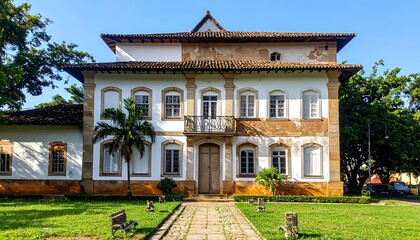 Fototapeta premium A classical, two-story building with a tiled roof, symmetrical design, and a balcony entrance, fronted by a garden