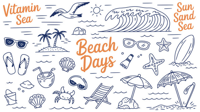 beach days hand drawn summer doodle collection with sun sea sand starfish shells palm tree sunglasses flip flops beach chair crab wave and tropical vacation elements illustration.