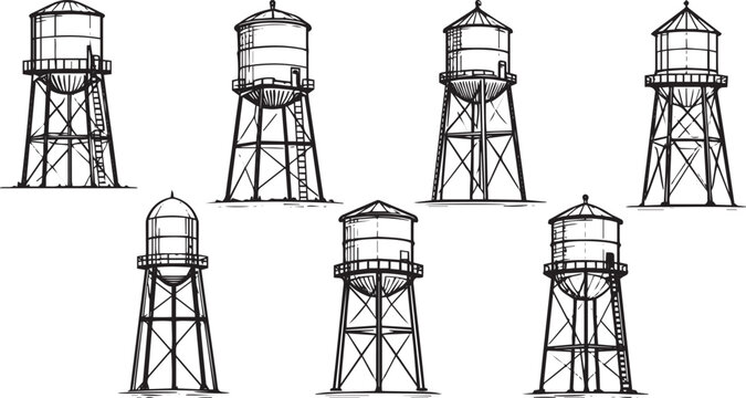 Vintage industrial water tower vector set, minimal black line infrastructure tank outline icons
