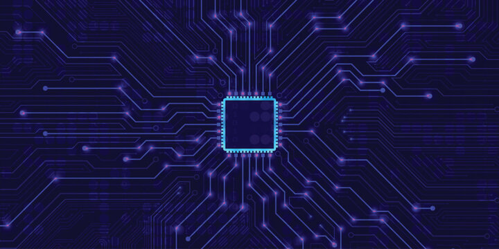 Neon Blue Microchip On Futuristic Circuit Board Background &ndash; Digital Processor AI Technology Network Concept