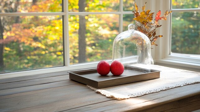 Decorated tray with red objects displayed by window with autumn foliage outside