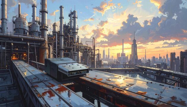 Industrial complex scene with transport vehicle under colorful sunset sky