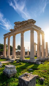 Ancient stone ruins bathed in sunlight. Tall pillars and archways stand against a bright blue sky. Grass and rubble surround the site