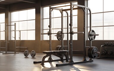 Fototapeta premium A professional squat rack station inside a spacious gym facility with large windows and equipment