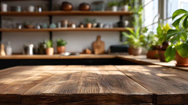 Rustic wooden table with shallow depth of field and natural light in cozy kitchen setting, empty space for product display with plant and shelf background creating warm inviting mood