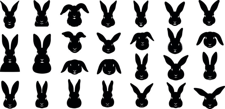 Collection of black rabbit head silhouettes in various orientations