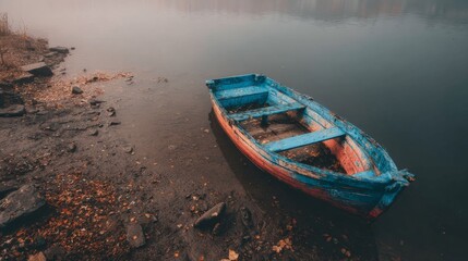 Obraz premium Abandoned fishing boat resting on muddy shore near water