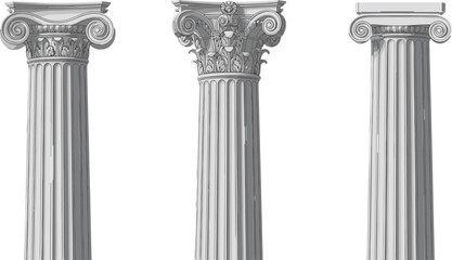 Classical Greek and Roman architectural columns set, Ionic Corinthian and Doric pillars illustration, ancient architecture elements isolated on white background for design