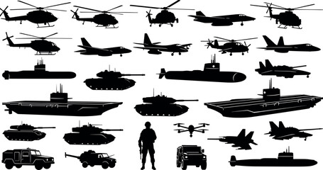 Military vehicle and aircraft silhouette collection including tanks, helicopters, fighter jets, submarines and warships isolated on white background for defense, army and security concepts © MstRazia