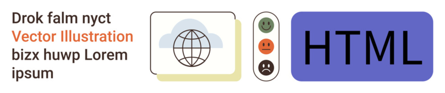 Web design, coding education, digital tools, user interface, feedback systems, online learning. Globe icon and HTML box with feedback symbols. Web design and coding education concept