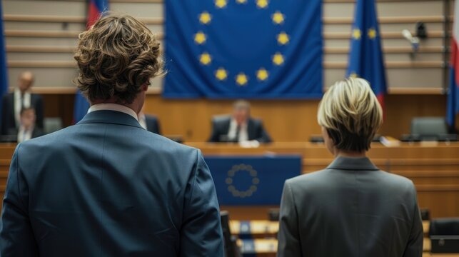 Rear view of business people or politicians standing in parliament facing the European Union flag, concept of international diplomacy and government debate.