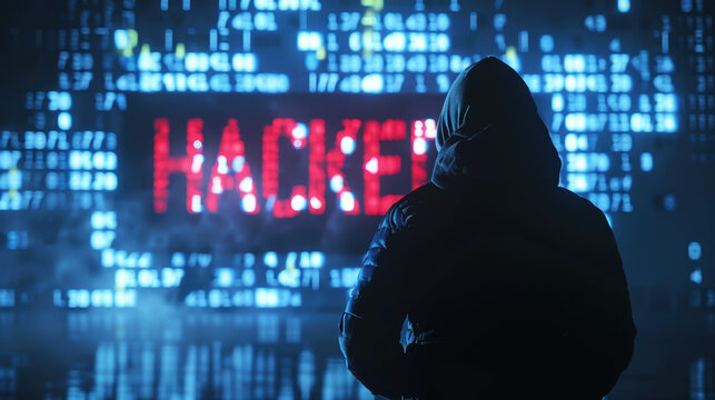 silhouette of hooded hacker in front of digital display with code and the word 'HACKER' prominently shown.