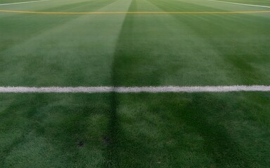 Obraz premium A close up view of the green turf on a sports field featuring white lines and a large dark shadow