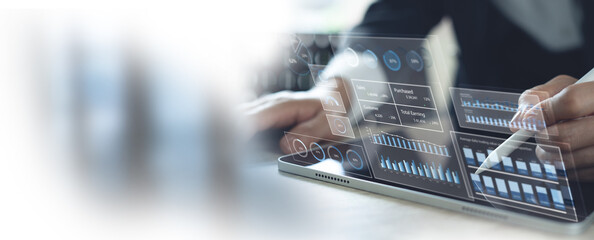 Fototapeta premium Business analysis, finance analyst analyzing sales data and financial growth graph chart report. 