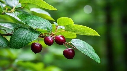 Ripe cherry fruit hanging from a branch with green leaves