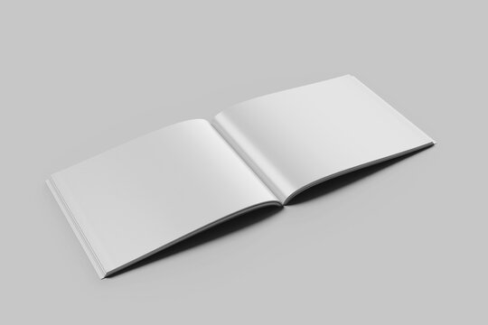 single blank layout landscape book open page glossy paper mockup isolated perspective view 3d render