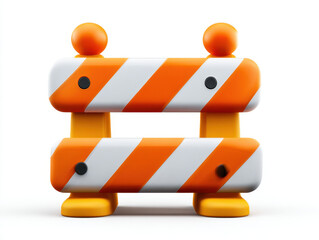 Orange and white striped road barrier with round warning lights standing on white background, playful 3D illustration conveying caution and construction safety