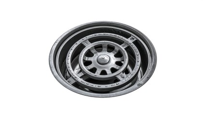 A close-up, neutral shot showcases a metallic, multi-layered object with circular components, offering a clean, industrial aesthetic against white