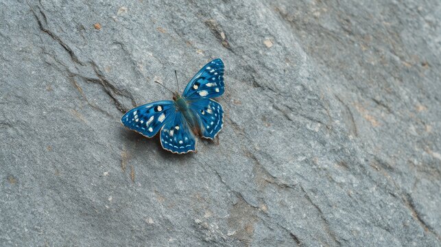 Bright blue butterfly with intricate wing patterns rests on grey rock