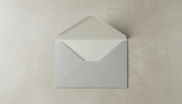 Open gray paper envelope on textured light background