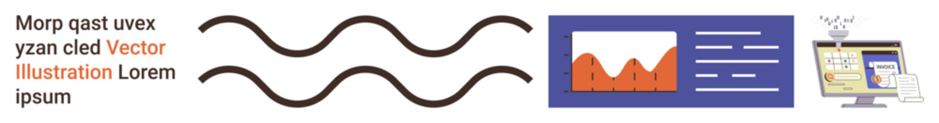 Data analysis, graphic design, business reports, technology, workflow management, information systems. Wavy lines, chart and computer interface visual. Data analysis and graphic design focus © robu_s