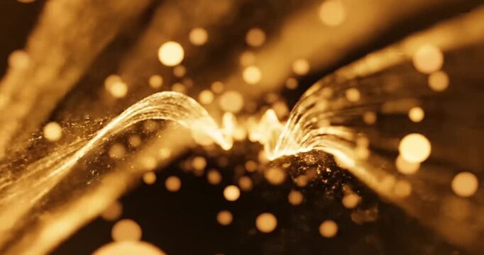 Abstract golden wave with floating particles and light orbs against a dark background
