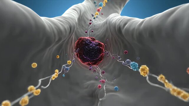 3D CGI Animation of a Synaptic Cleft and Neurotransmitters Bridging the Gap Between Two Neurons with Microscopic Details on a Blue Background for Educational and Scientific Presentations