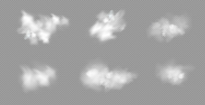 Realistic white fluffy clouds with fog or light smoke effect on a transparent background. Misty atmosphere element for overlaying on images, dramatic scenes or weather visual effects.