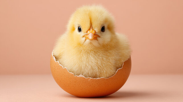 Fluffy chick egg shell yellow chick newborn soft fur pastel background adorable newborn chick sitting in cracked eggshell with soft lighting and warm tones