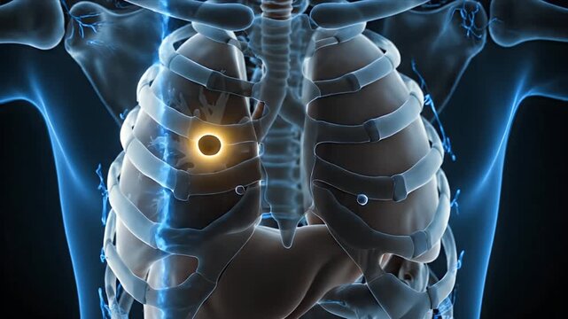 3D CGI Animation of Human Torso Anatomy Showcasing Lung Nodules and Rib Cage in a Medical Scan Style for Educational and Healthcare Presentations on Dark Background