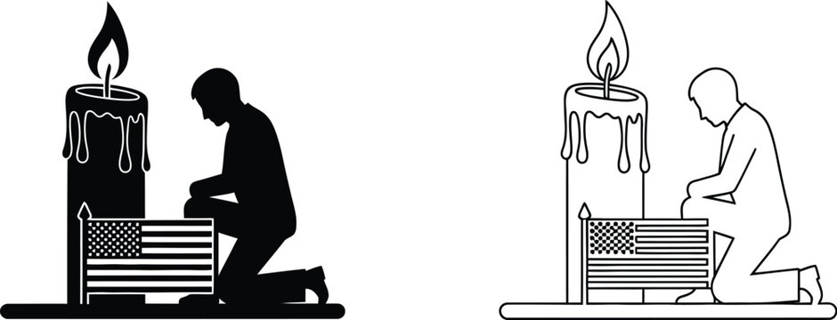 Man kneeling beside burning candle light Vector