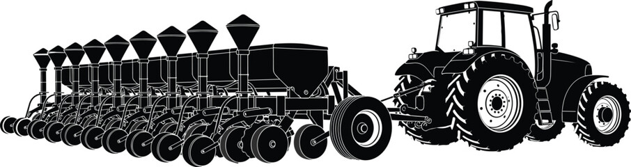 Black silhouette of a modern farm tractor pulling a heavy seed drill planter machine on white  © MdAnisur