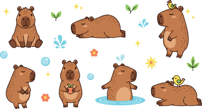 Cute cartoon capybara characters collection with funny poses relaxing sitting swimming and animal mascot illustrations flat vector set
