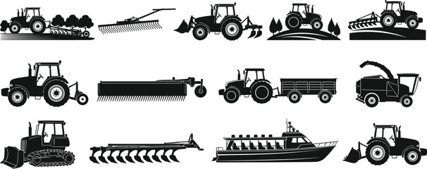 Collection of agricultural tractor and farm machinery silhouettes including plow rake harvester trailer and farming equipment icons isolated on white background for agriculture design © MdAnisur