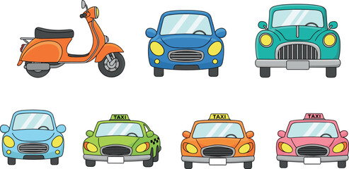 Set of colorful cartoon vehicles including scooter taxi and small cars isolated on light background playful transportation illustration ideal for children design and urban themes © MdZahedul