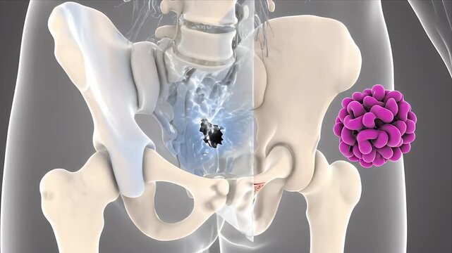 3D CGI Pelvic Bone Anatomy Showing Inflammation and Pathogen Representation with Medical Education Visualization Style and Dark Background