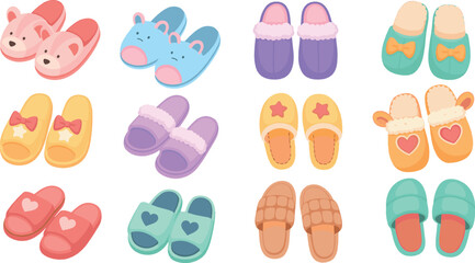 Cute cozy slippers collection with animal faces, hearts and bows, colorful home footwear cartoon illustration set for comfort design © MdNazmul