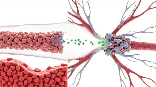 3D CGI Visualization of Blood Clot Formation within a Vessel showcasing Red Blood Cells Platelets and Fibrin Strands for Educational Medical Presentations and Scientific Research Backgrounds