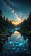 Fototapeta premium Milky Way galaxy over forest river with star reflections in water and wooden pier among pine trees and mountains at night.