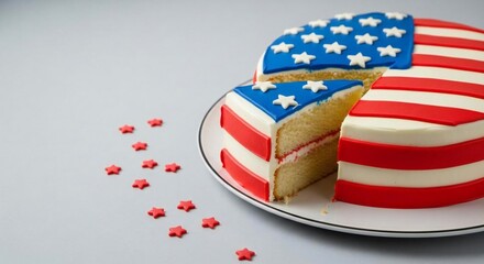 Obraz premium Patriotic american flag cake with red white and blue decorations